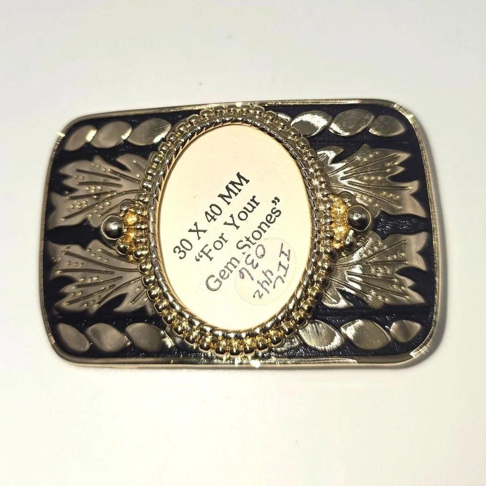 Vintage Goldt Tone Western Belt Buckle Blank Black Filigree Scrollwork 30x40mm